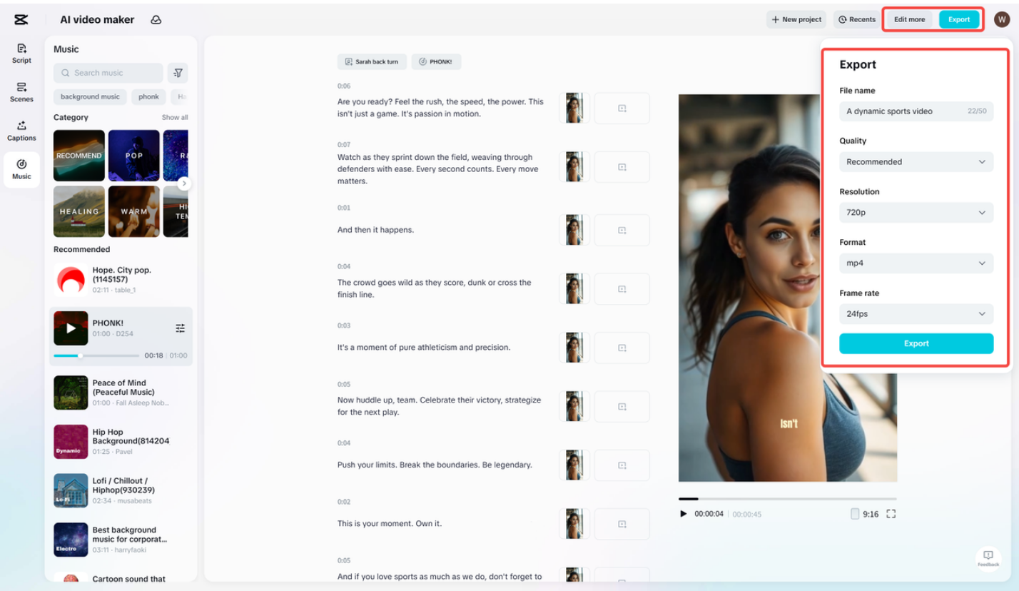 Exporting the final video from CapCut's AI video maker