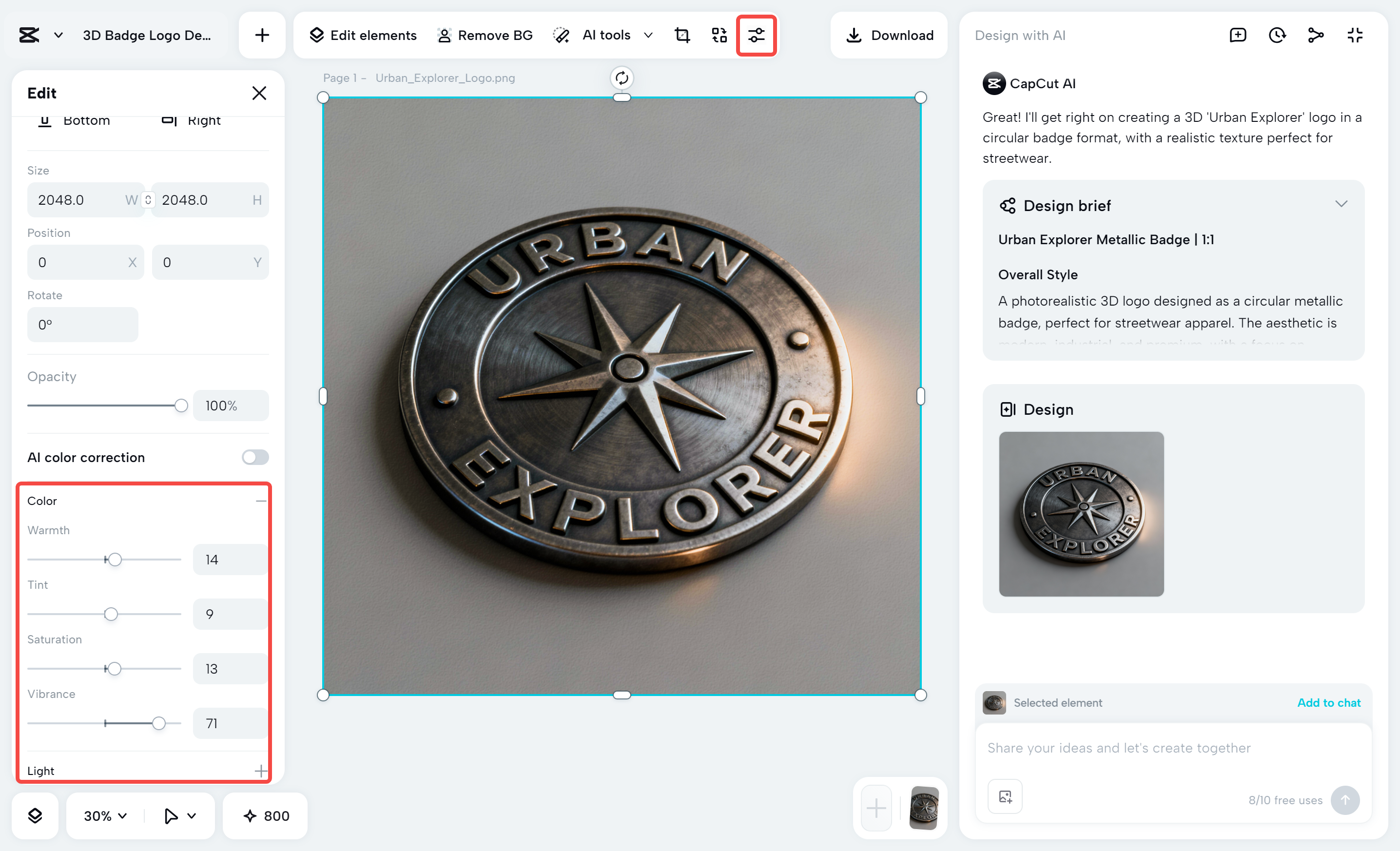 Editing the logo on the CapCut desktop video editor