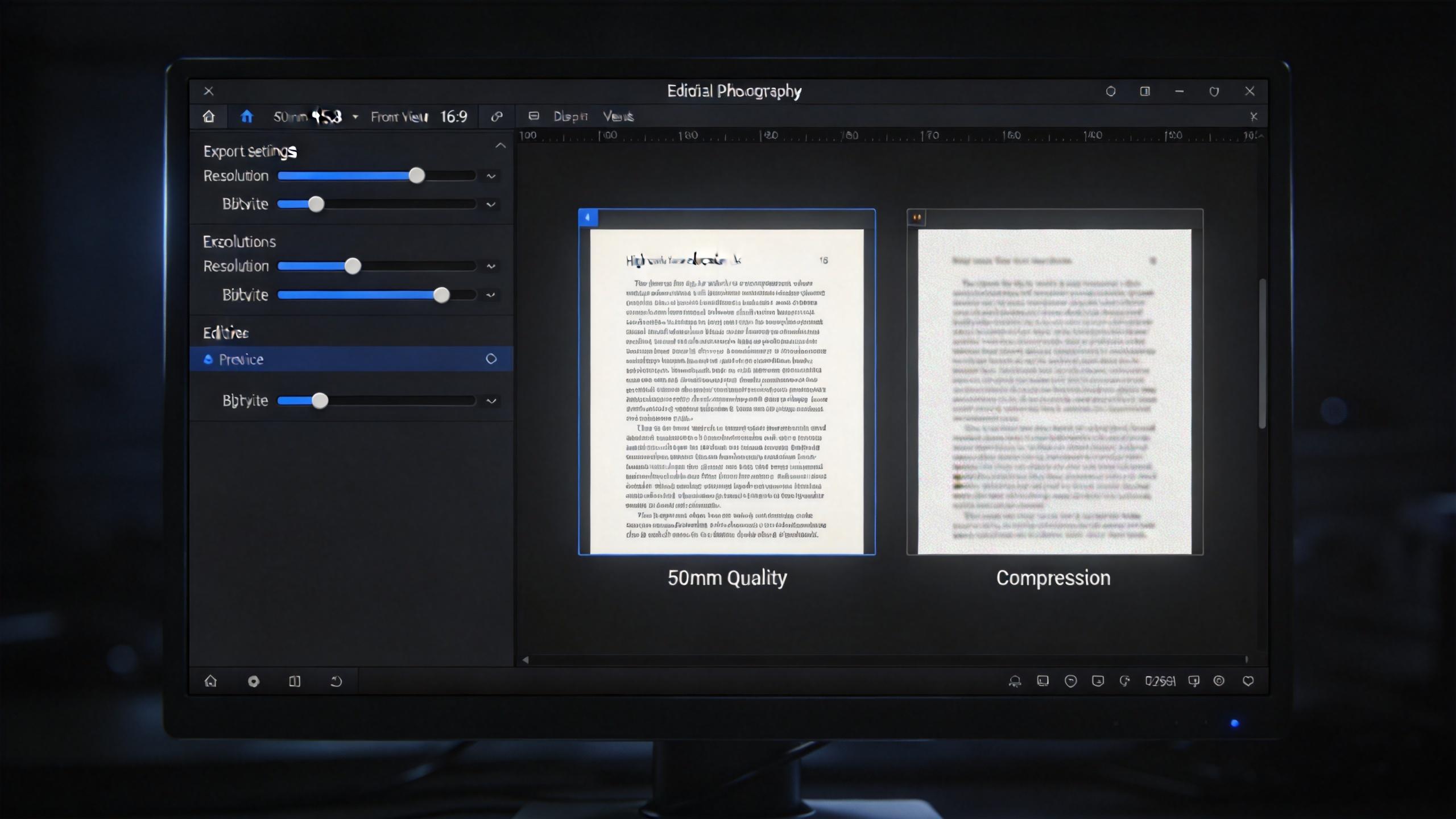 Export settings panel with quality sliders and a 50mm Quality versus Compression preview