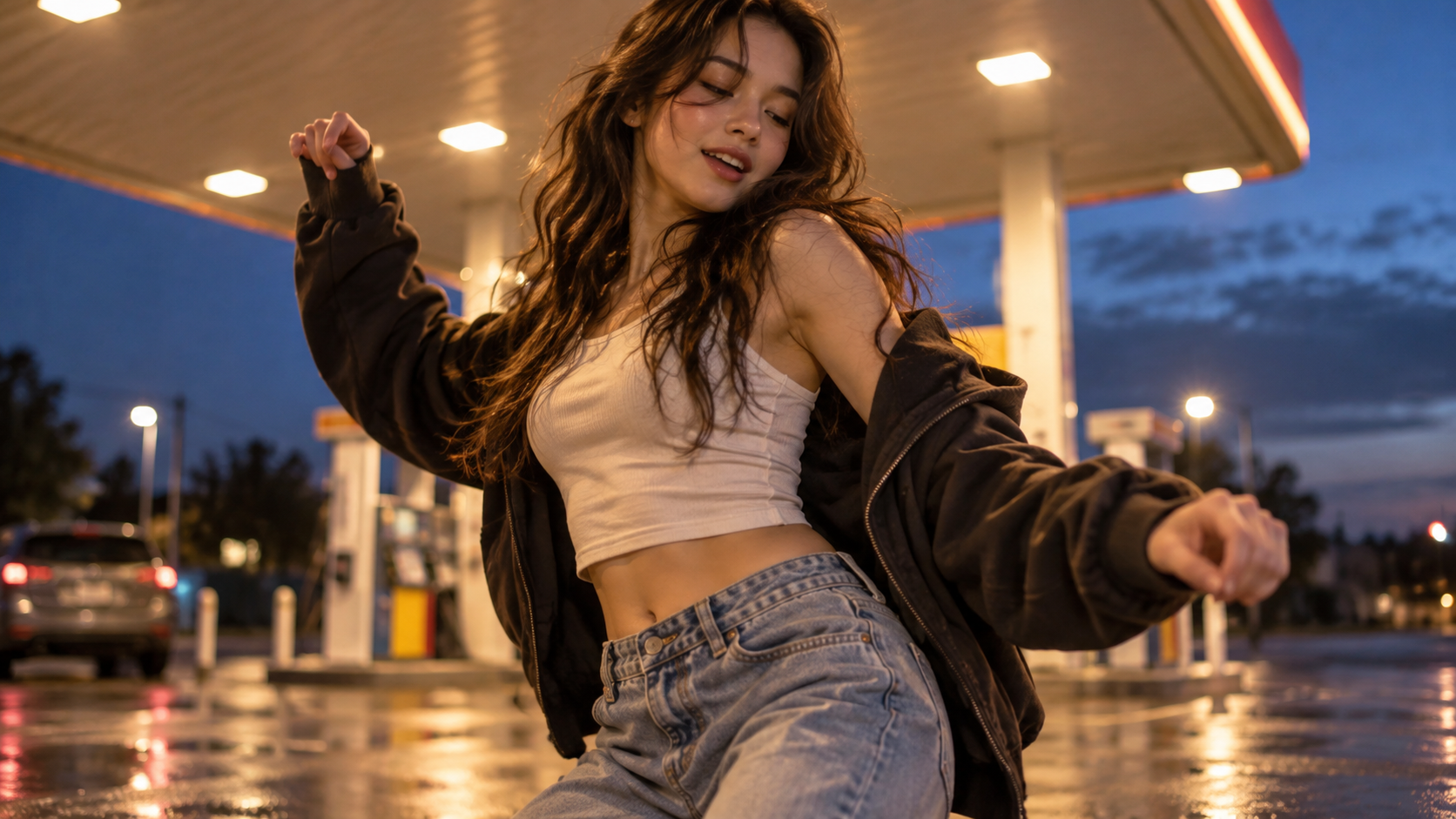 Expressive dance portrait under canopy lights example for how to do gas station dance ai trend