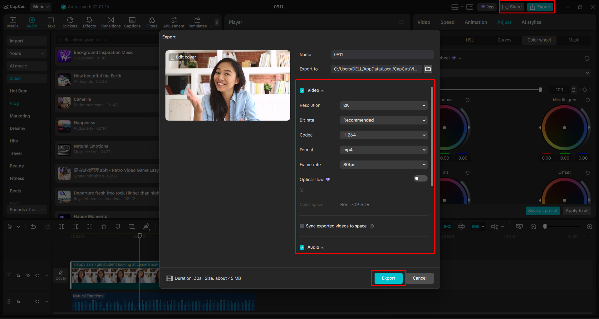 Exporting a video from the CapCut desktop video editor