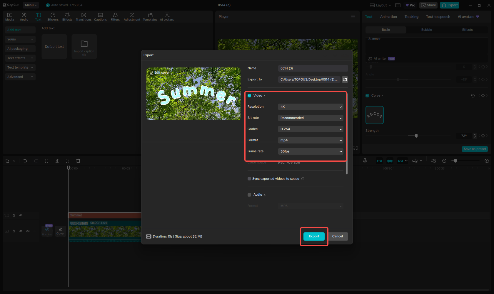 Exporting the video in CapCut