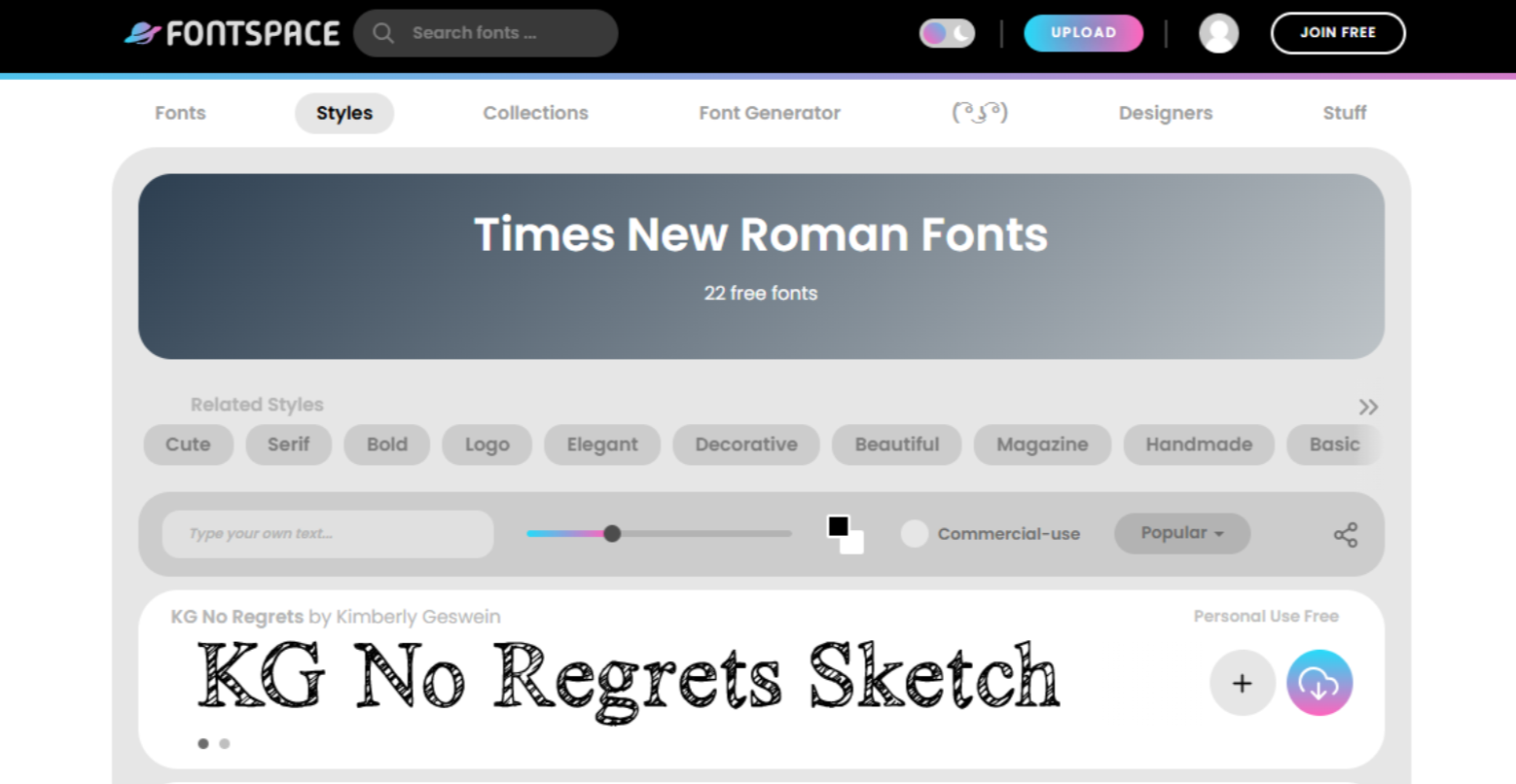 Интерфейс FontSpace - еще один бесплатный текстовый генератор Times New Roman