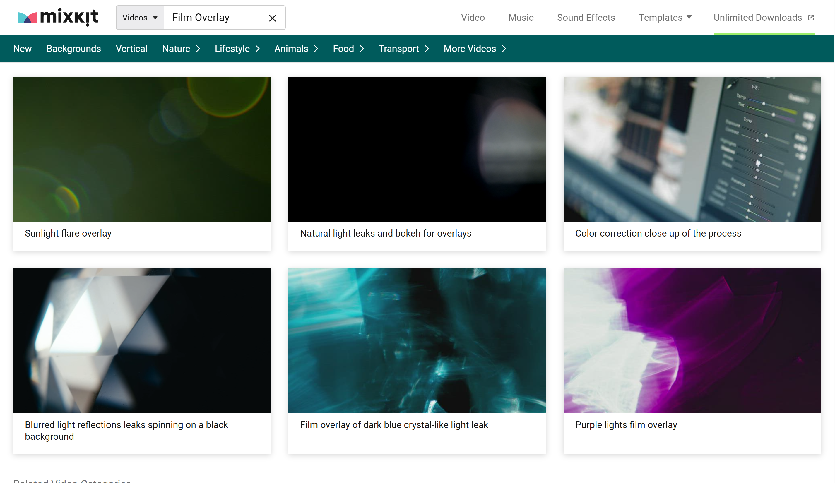 Interface of Mixkit - the perfect platform to get old film camera overlays