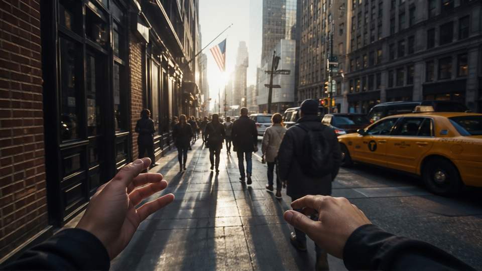 POV AI Video Generator — a first-person walk through a neon city