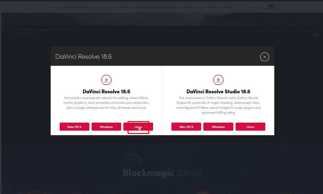Виберіть Linux для завантаження DaVinci Resolve