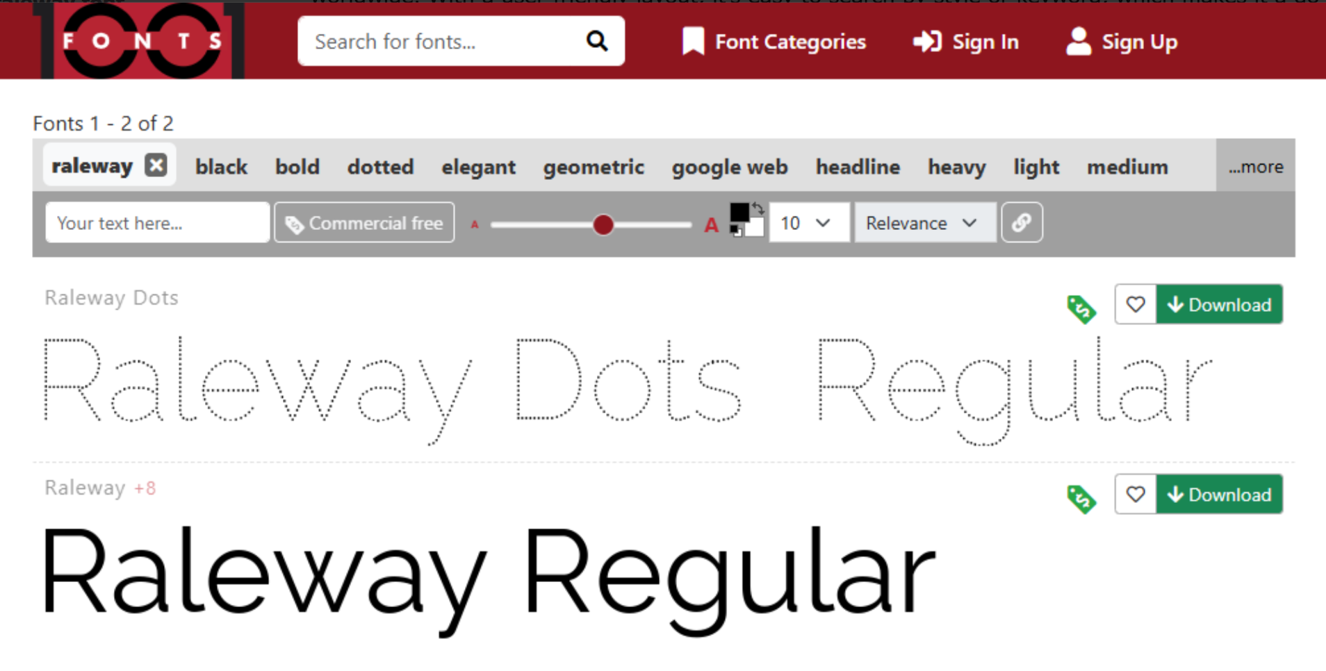 Interface of 1001 Fonts - a powerful tool to download the Raleway font for free