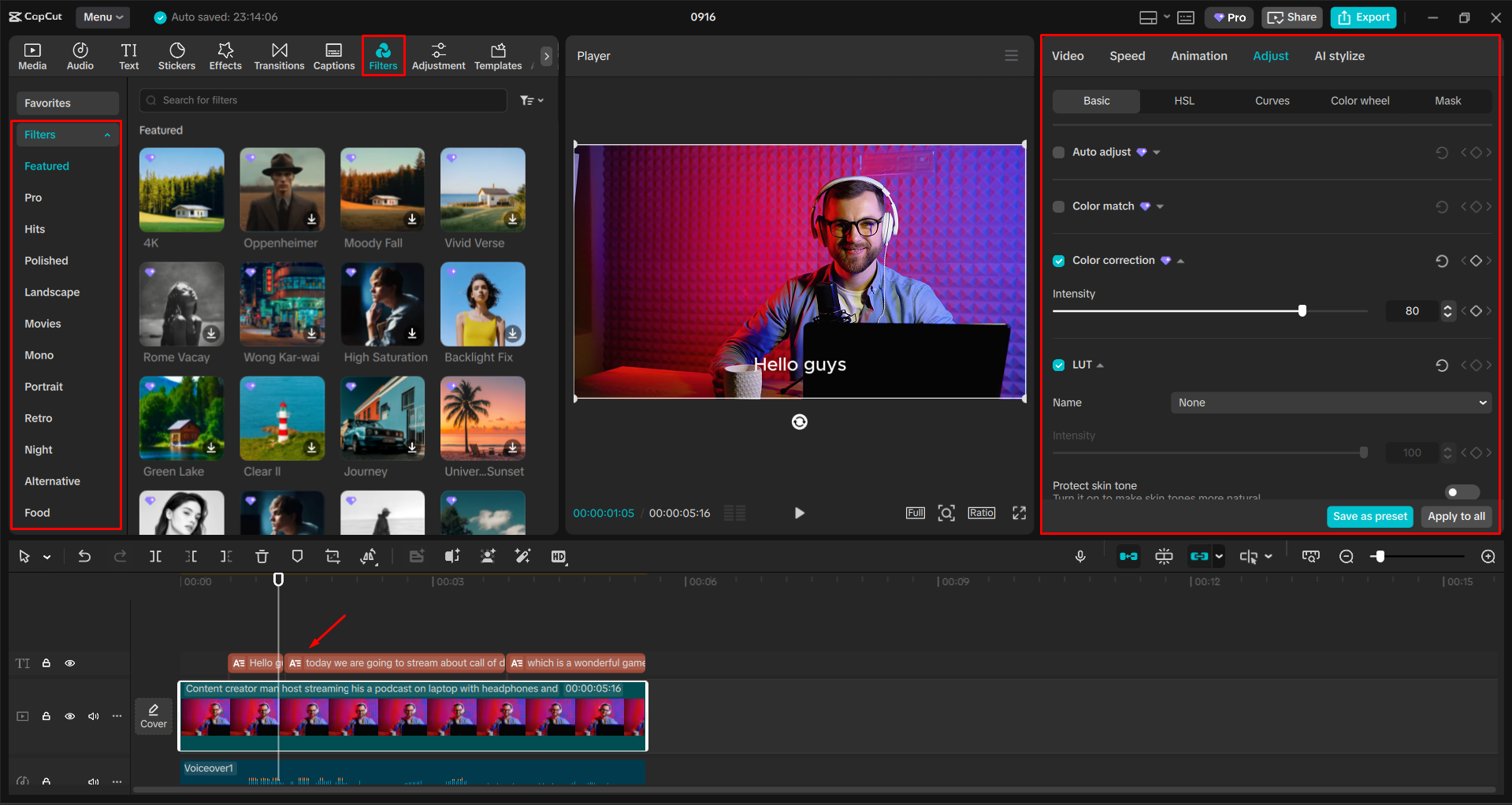 Correcting video colors with AI in the CapCut desktop video editor