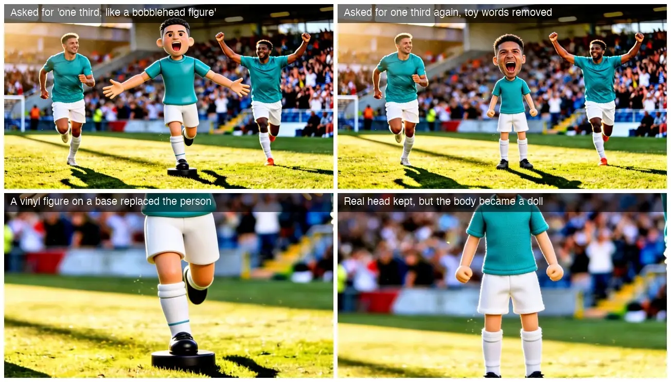 Four-panel soccer meme showing a player turned into a bobblehead-style doll on the field