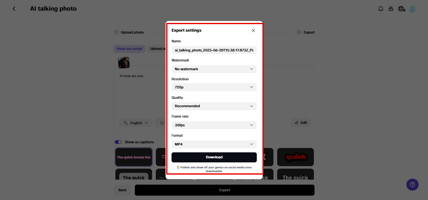 Exporting AI photo animation from Pippit