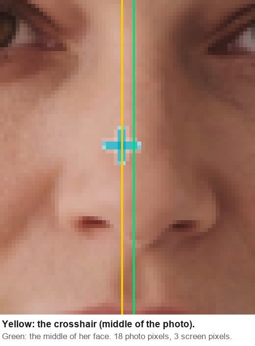 Enlarged detail of the crop dialog: the crosshair sits on the middle of the photo, slightly left of the middle of the face.