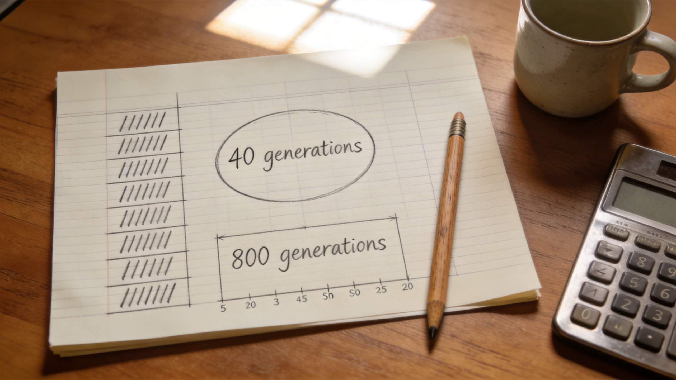 Notebook page with handwritten notes about 40 generations and 800 generations beside a pencil and calculator