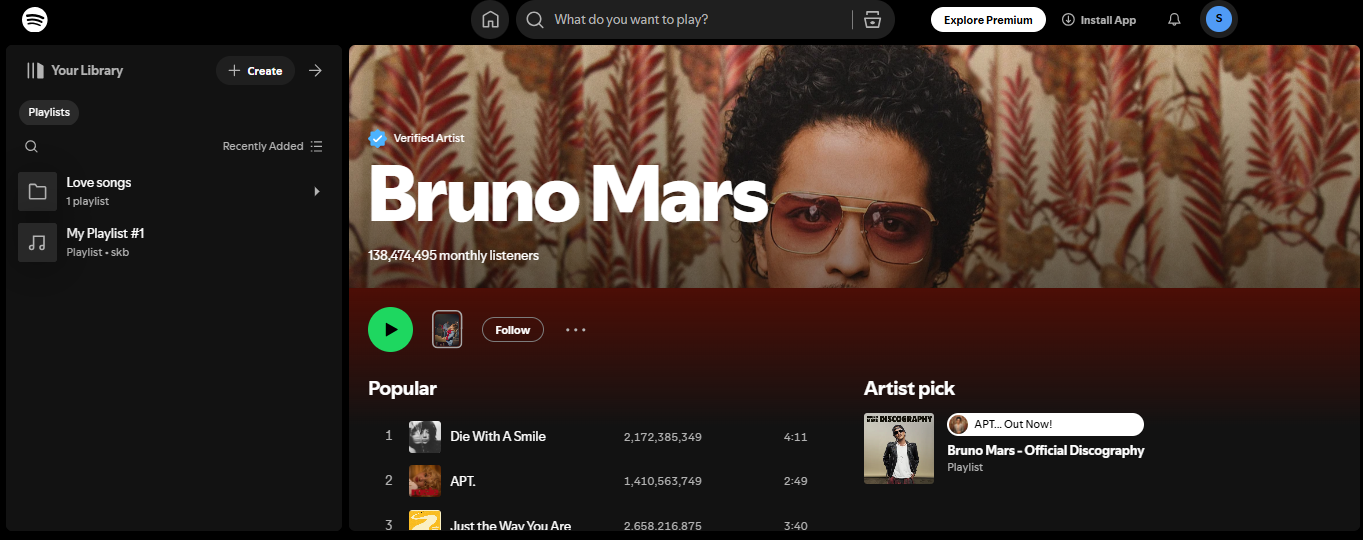 Bruno Mars - one of Spotify's top 200 artists