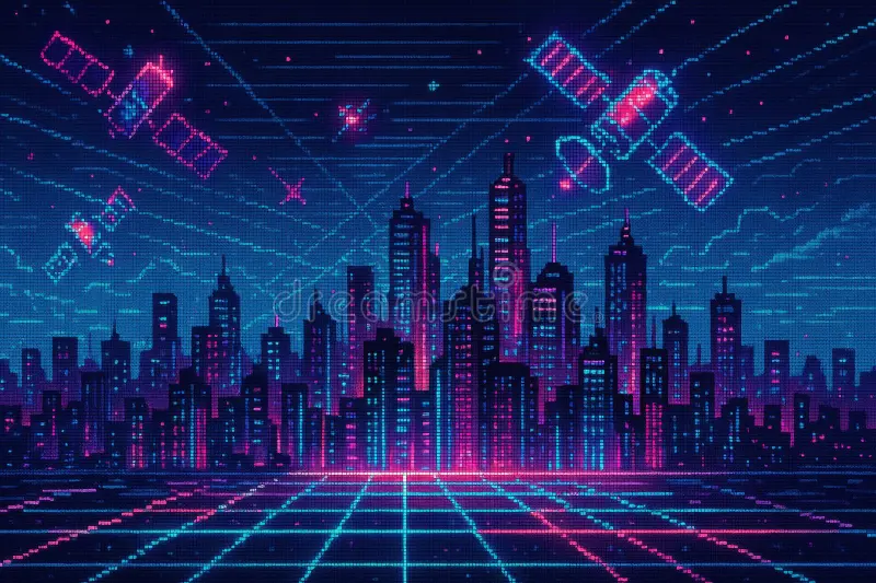 Pixel art of a glowing futuristic neon cityscape