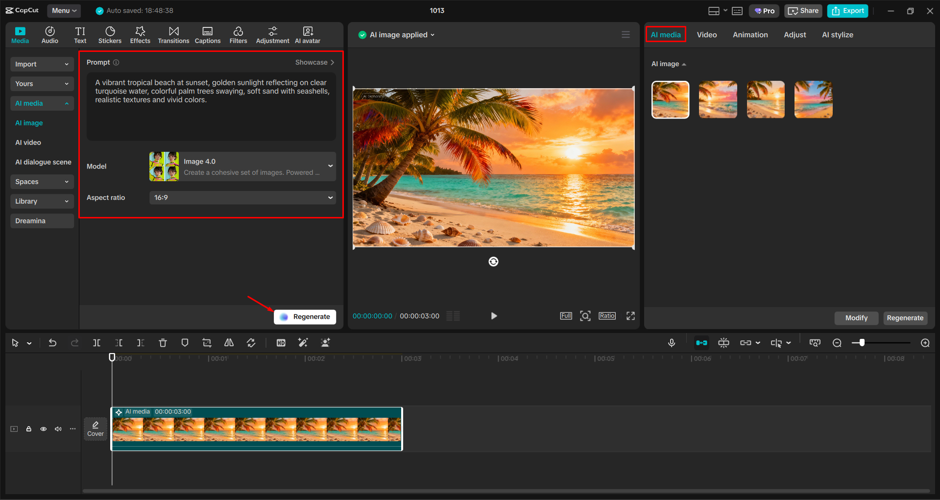 Generating an image with the CapCut desktop video editor
