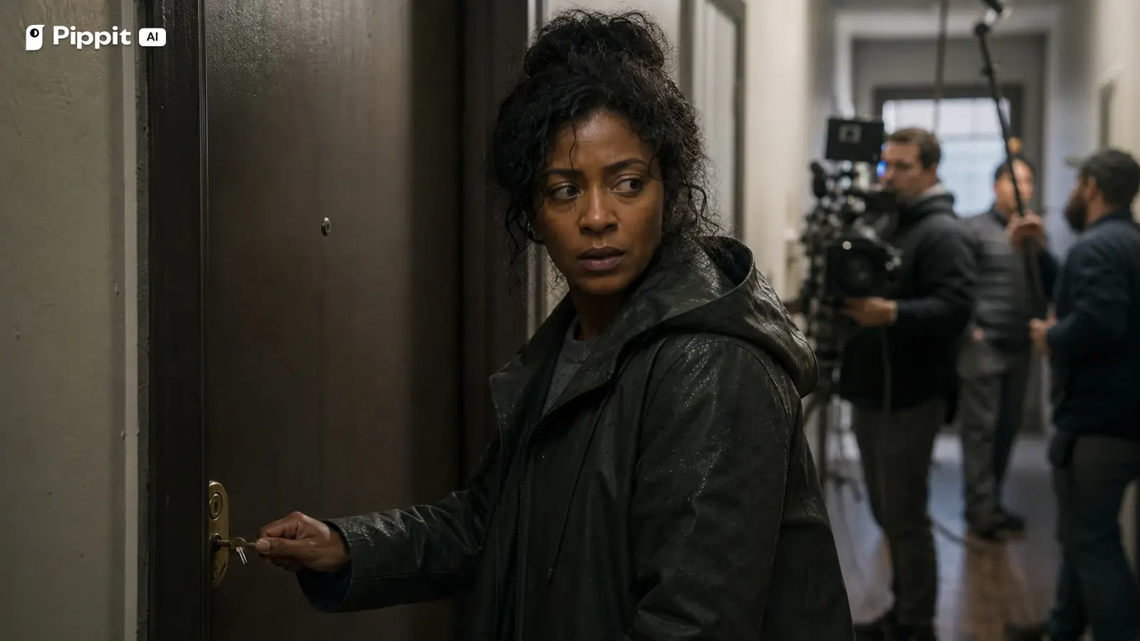 A performer tests a locked apartment door while a microdrama crew films the decision beat.