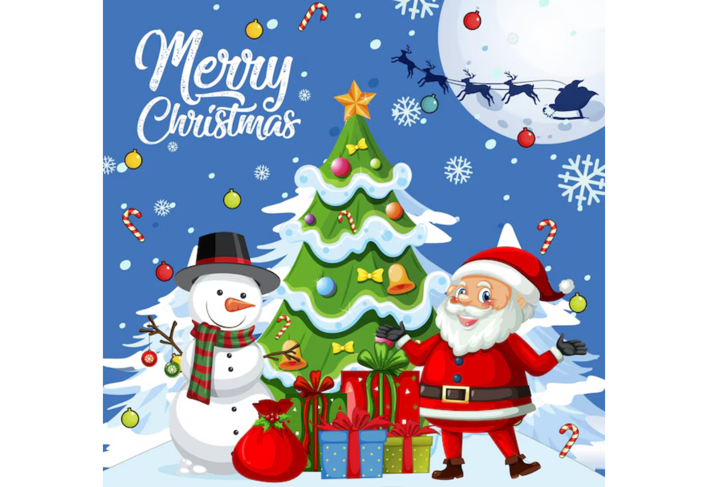 Colorful Christmas poster with Santa, snowman, and gifts