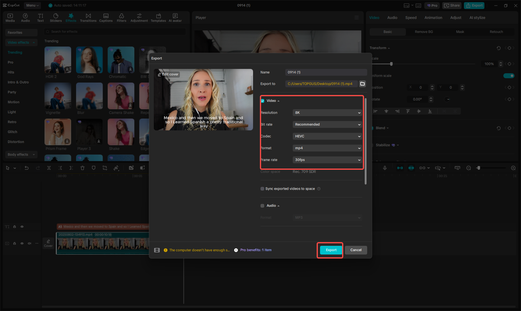 Export the media file