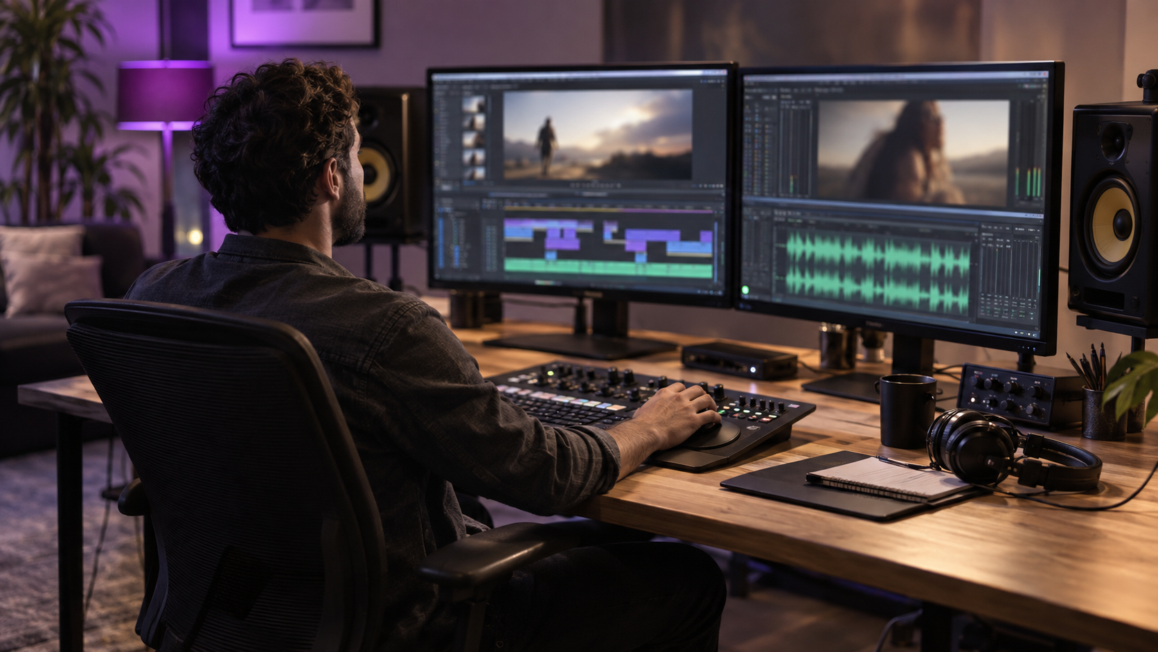 Video editor reviewing voiceover tracks and applying narration to a video project
