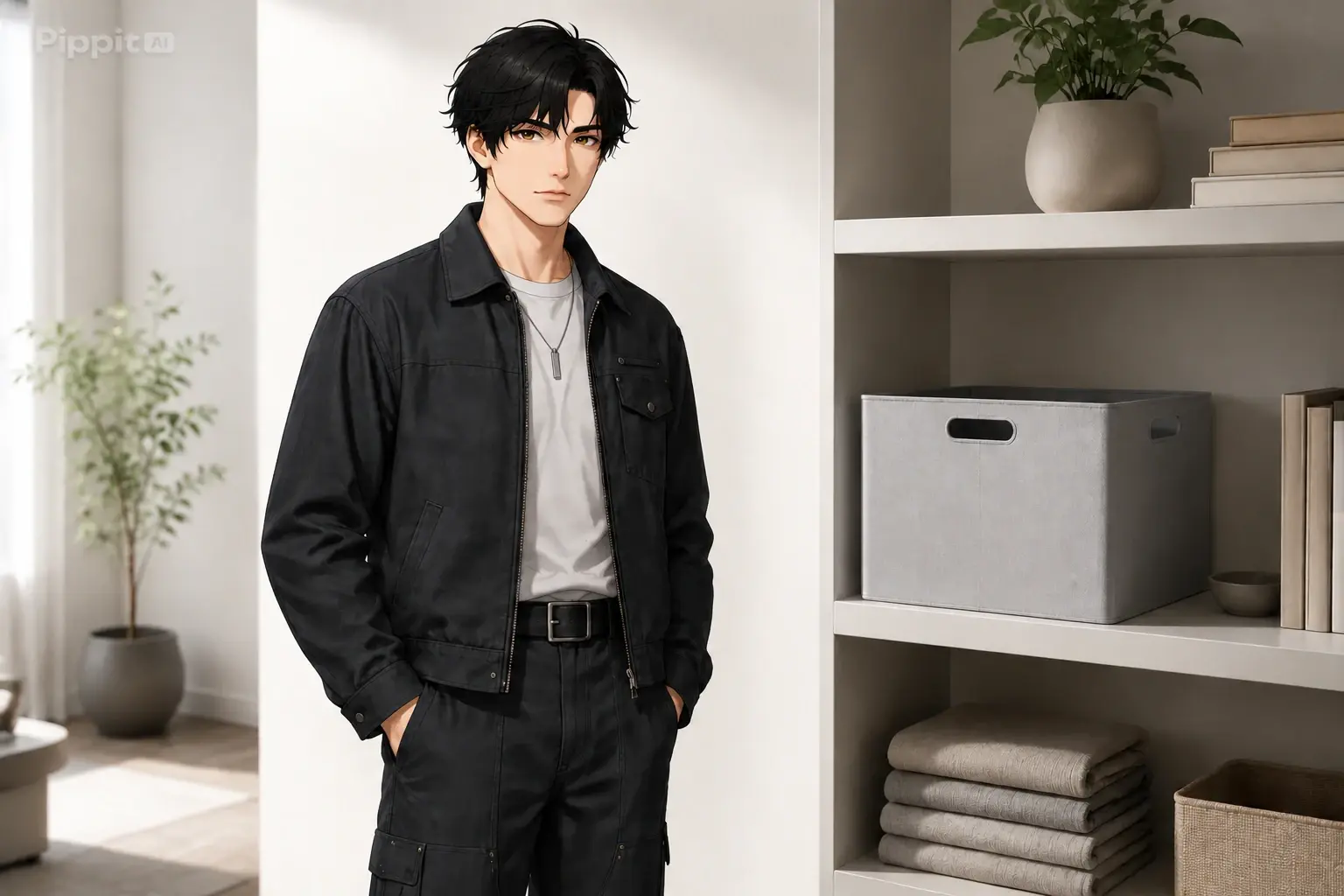 Anime-style man in a black jacket stands beside a shelf with boxes, books, and a plant.