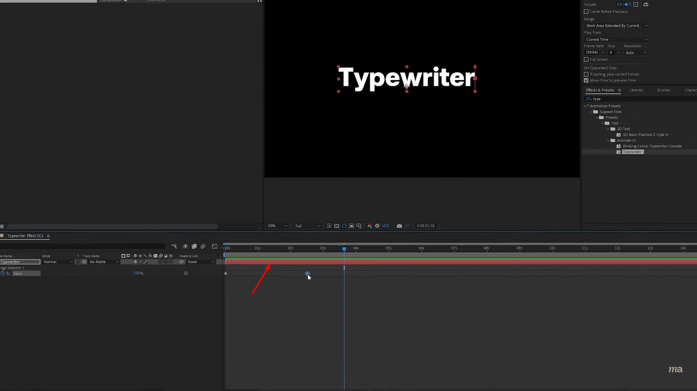 Selecting the text layer in After Effects for text writing effect