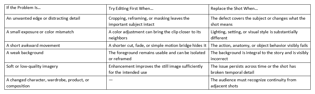 Table comparing edit first versus replace shot for different video issues