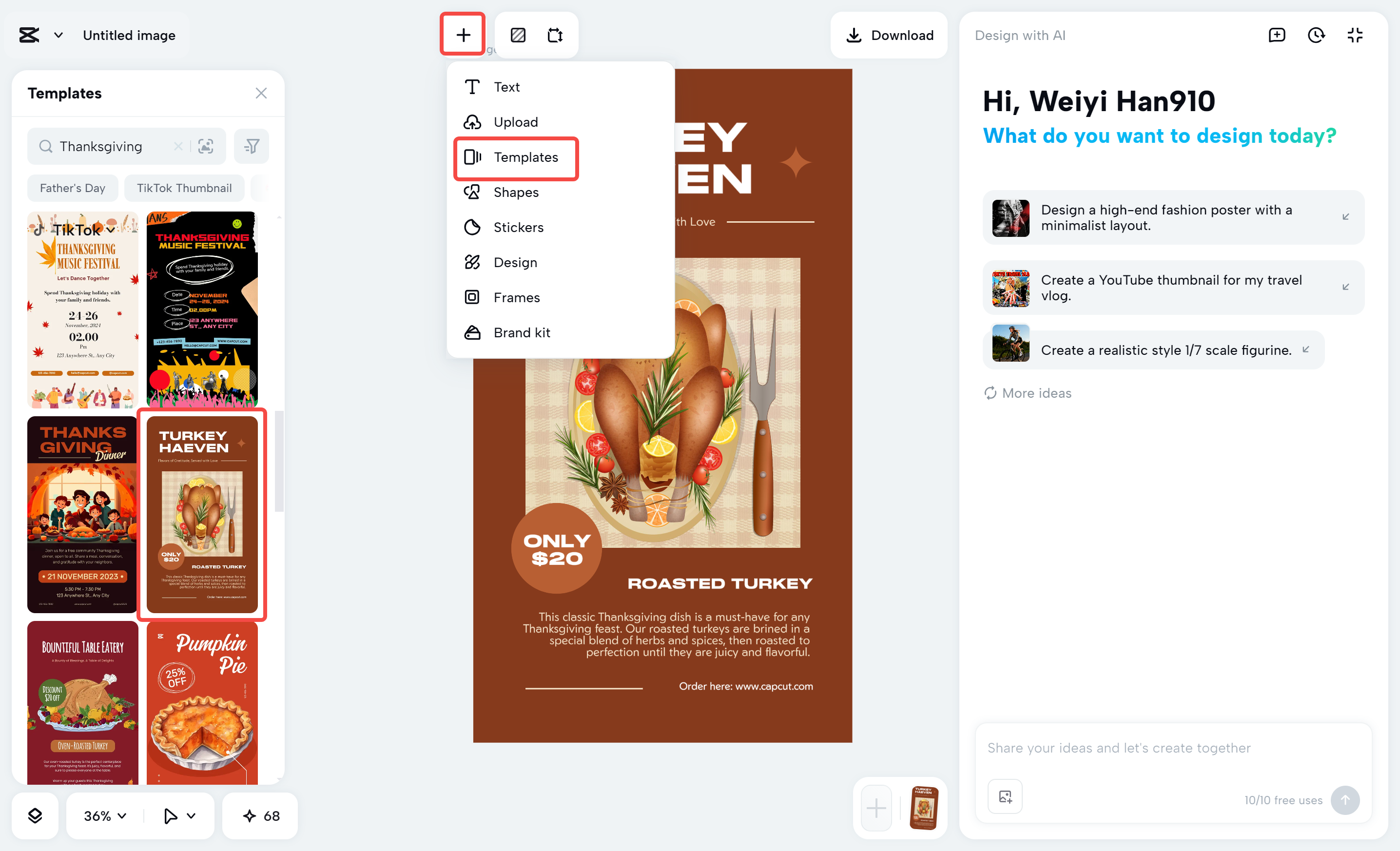 Search and choose a free Thanksgiving card template from the library