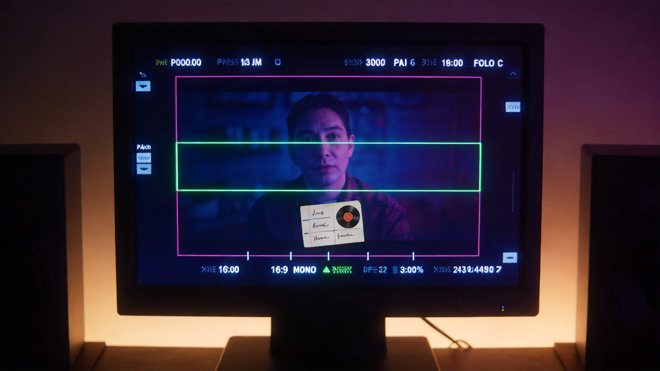 Video monitor showing a man centered in frame with colored crop guides and aspect ratio markers.