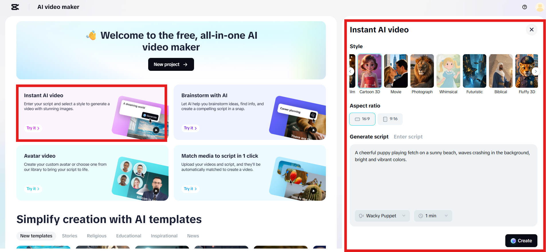Write script or generate with AI