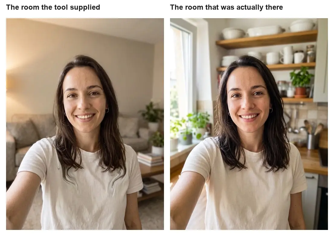 Side-by-side selfie of a woman in a living room and a kitchen.