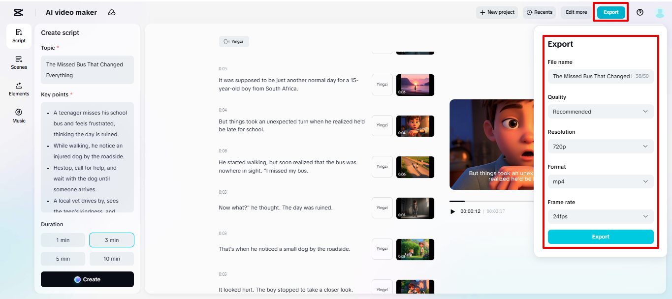 การส่งออกวิดีโอจาก CapCut Web