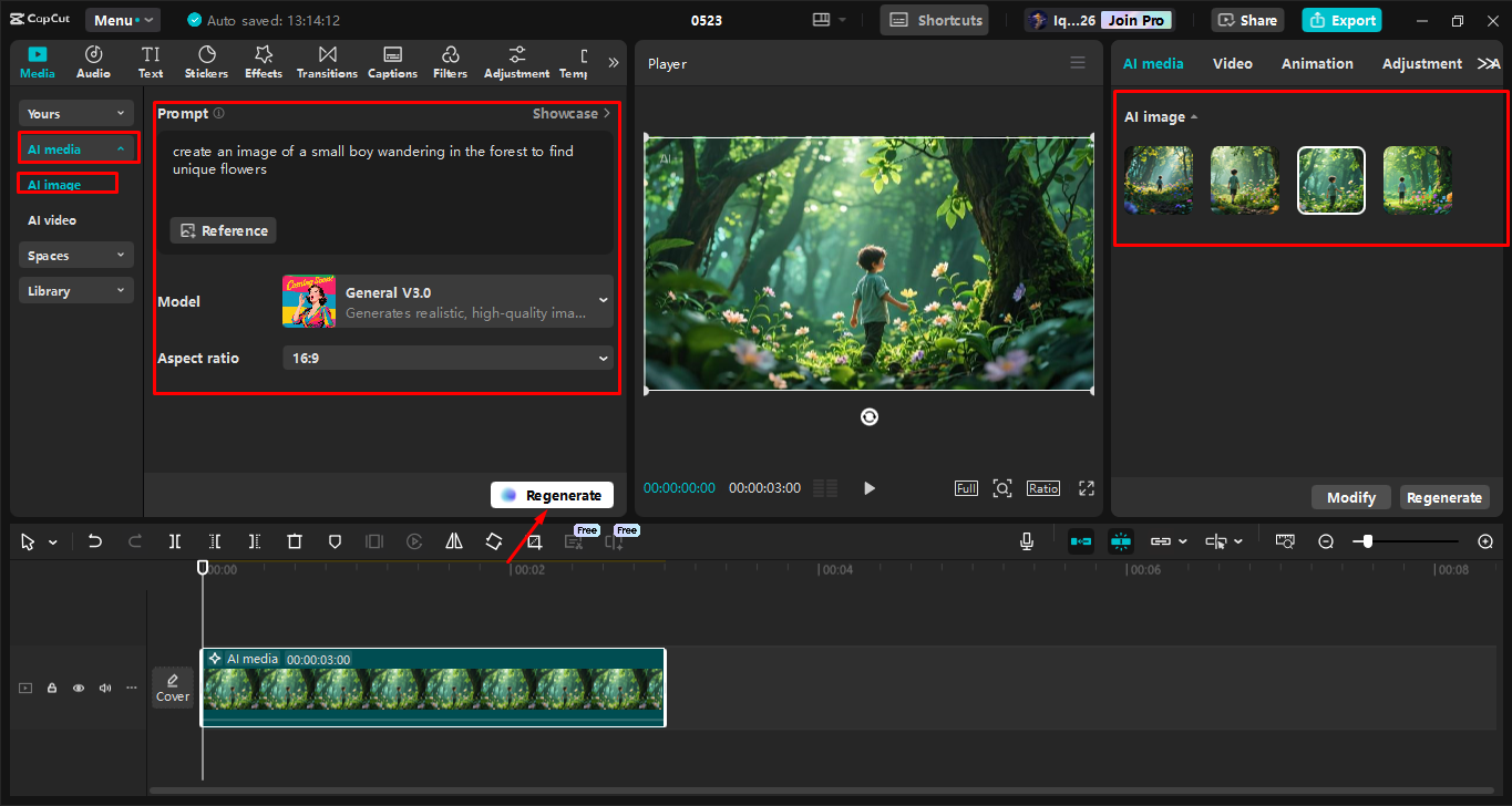 Converting prompt to an image in the CapCut desktop video editor