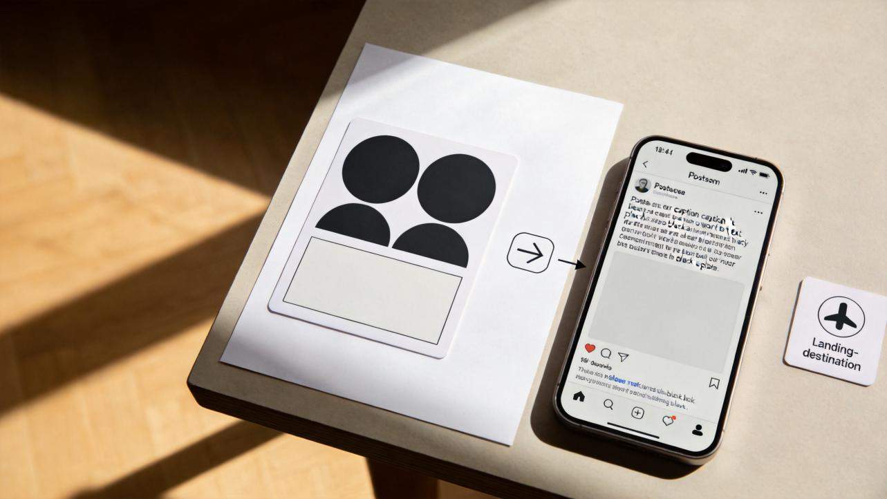Paper mockup of a social post layout beside a smartphone showing a post feed