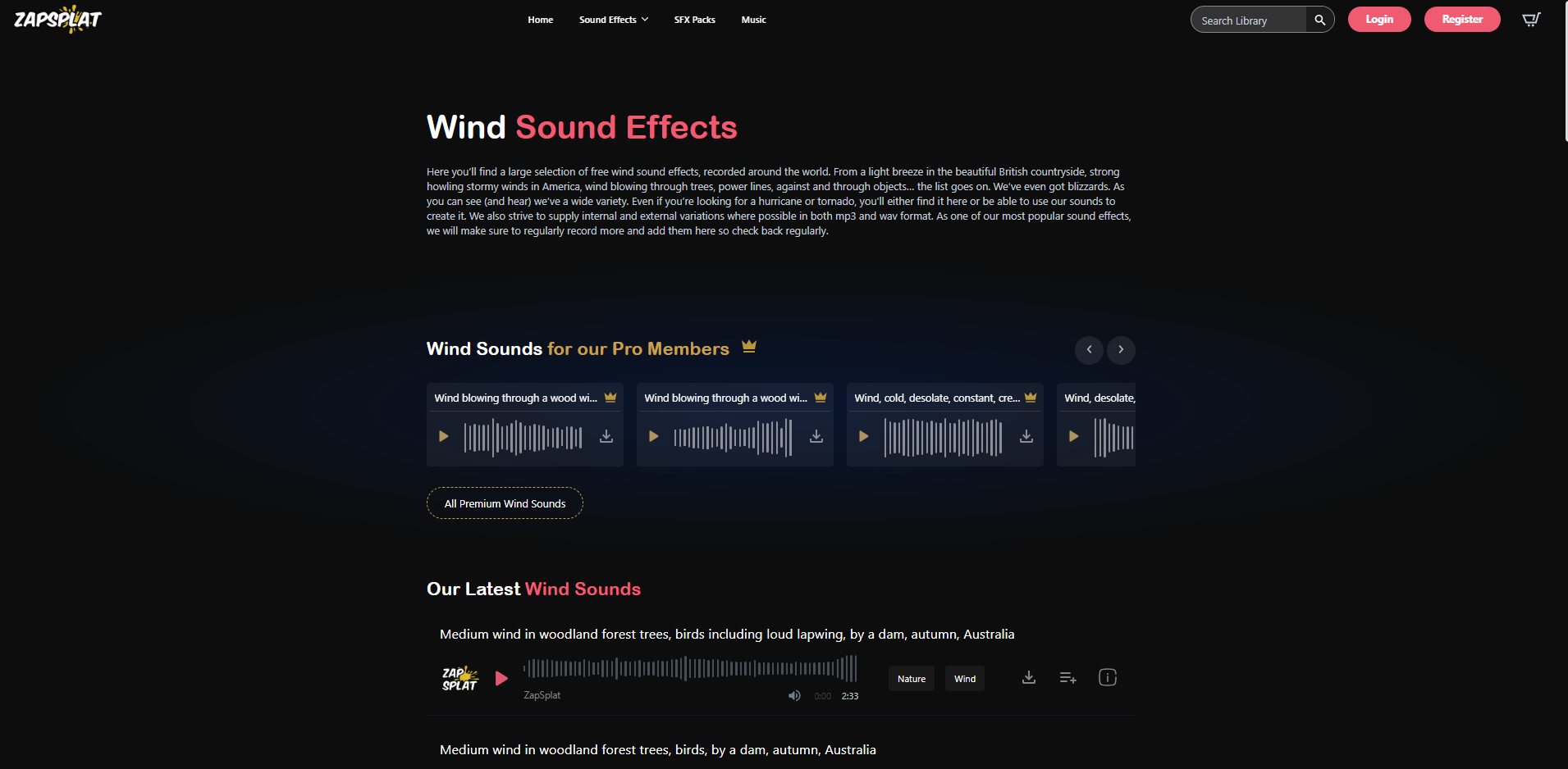 Interface of ZapSplat - another tool to get free wind sound effects
