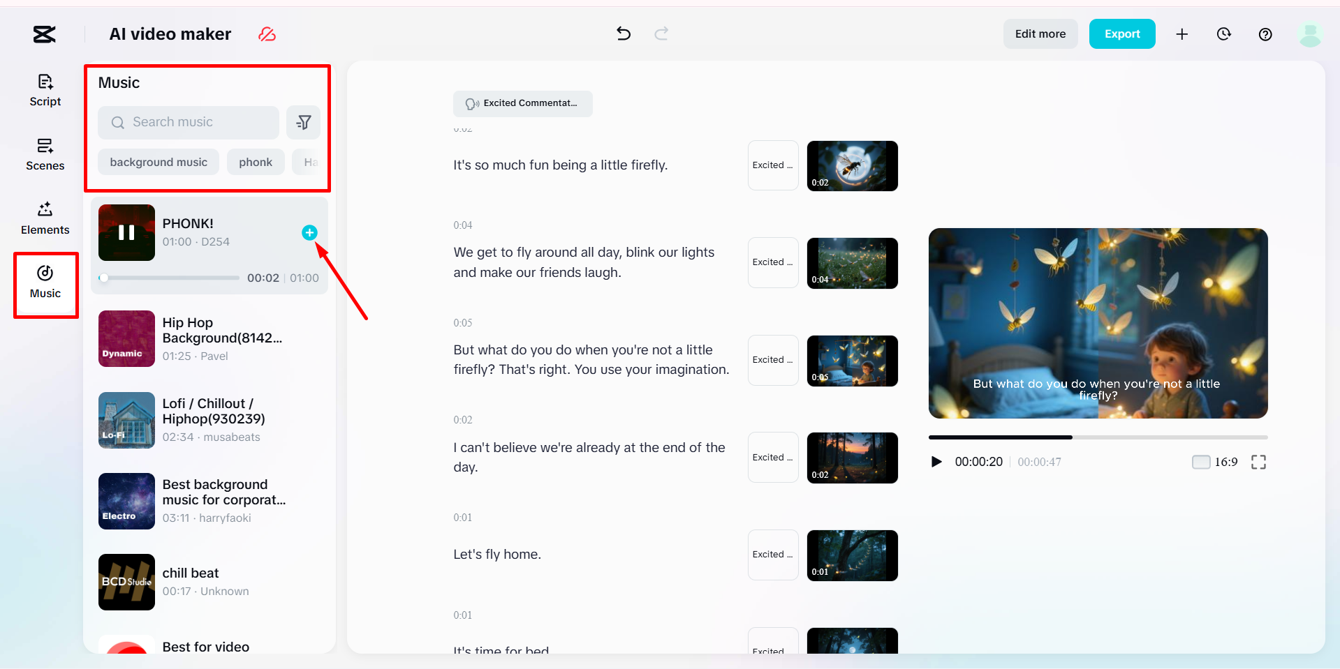 Achtergrondmuziek toevoegen aan de door AI gegenereerde video in CapCut Web's AI-videomaker