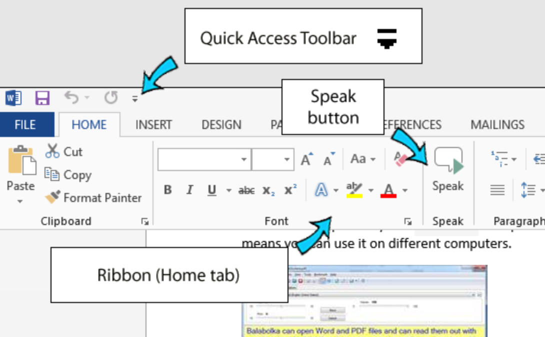 WordやPowerPointなどでMicrosoft Speak（テキスト読み上げ）を使用してください