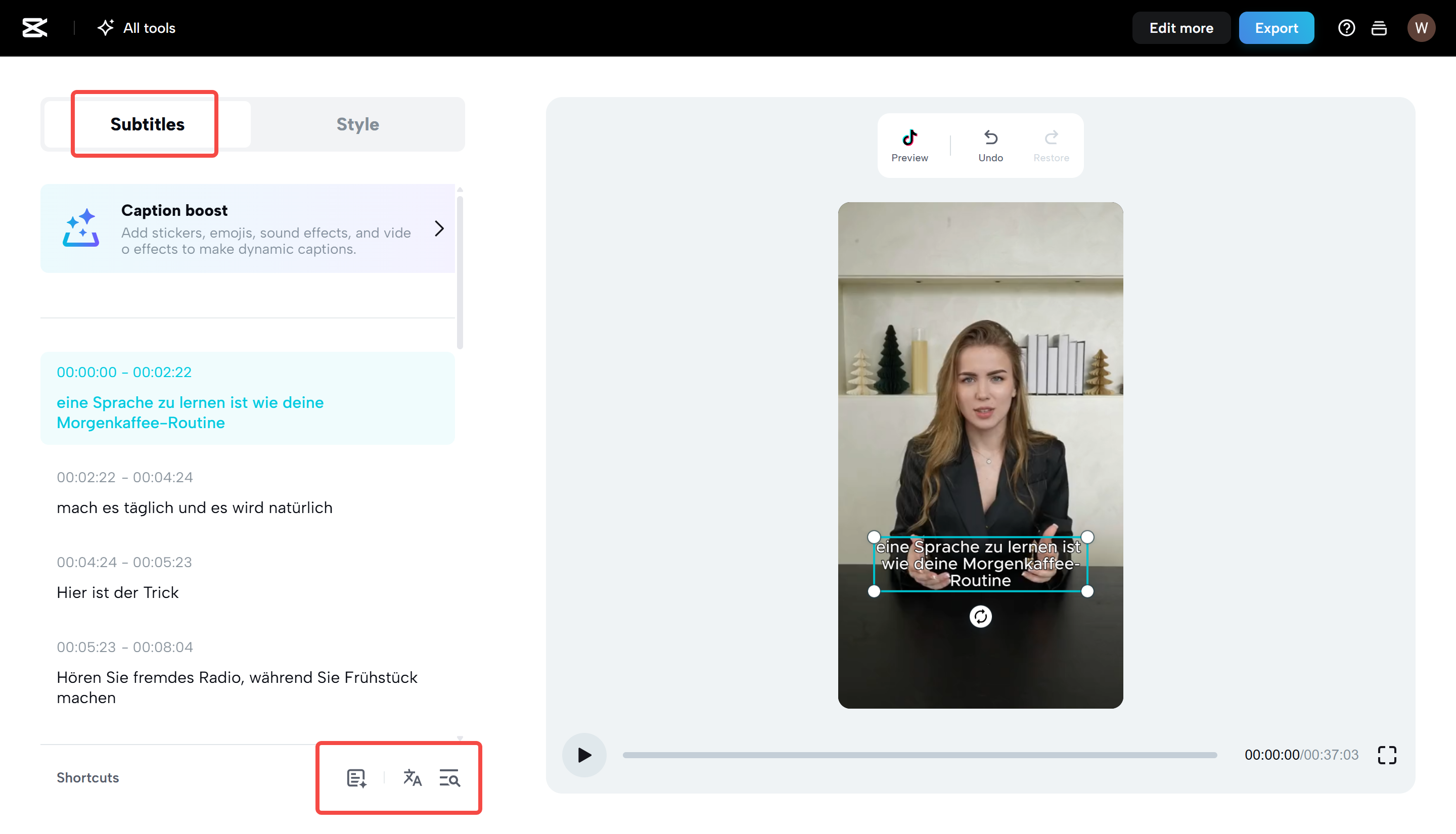 Converting a video to text in CapCut Web
