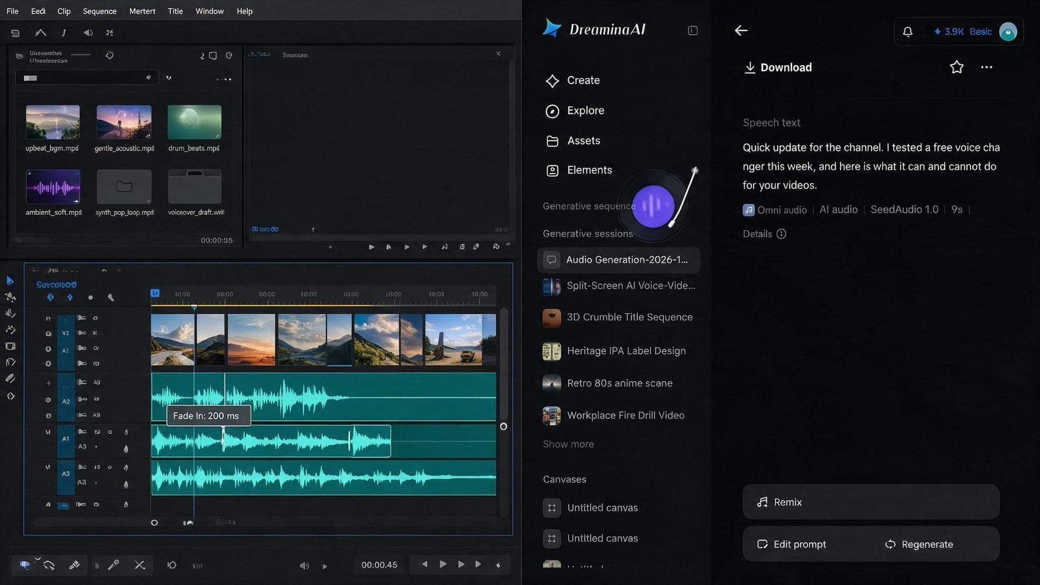 Editorul reglează o decolorare audio pe o cronologie Premiere Pro lângă un panou Dreamina care generează muzică de fundal