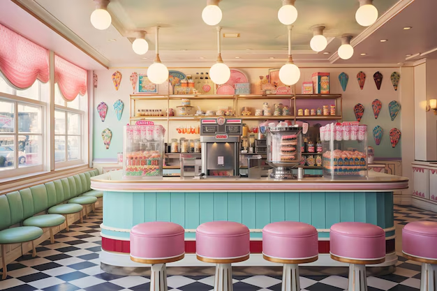 Ice cream shop with pastel colors and vintage décor
