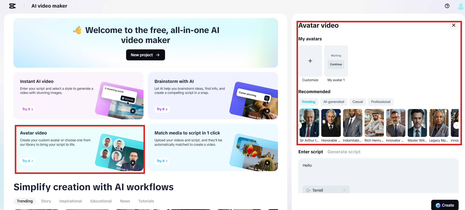 Choose or create custom avatar
