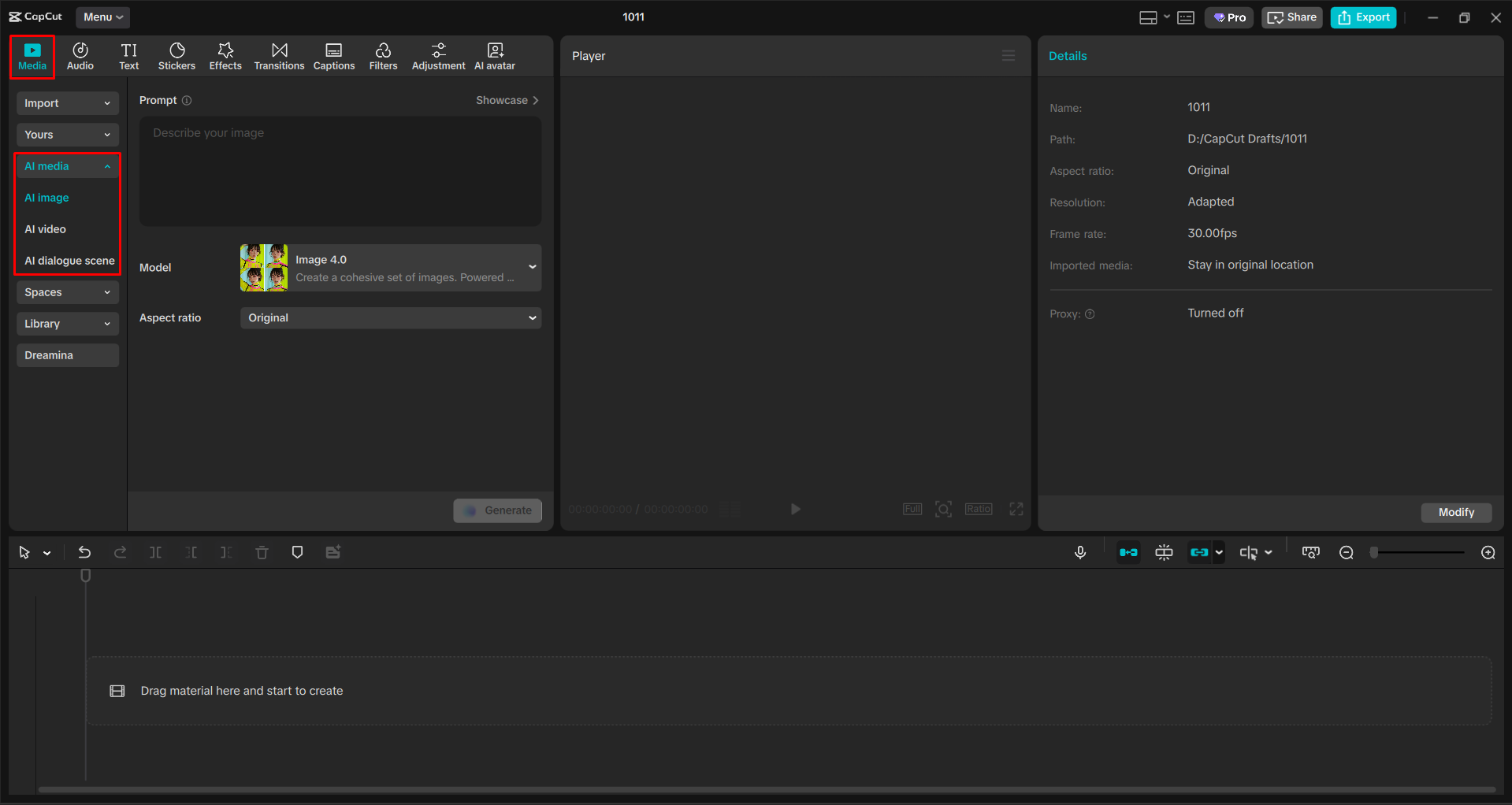 Opening the AI image tool in the CapCut desktop video editor
