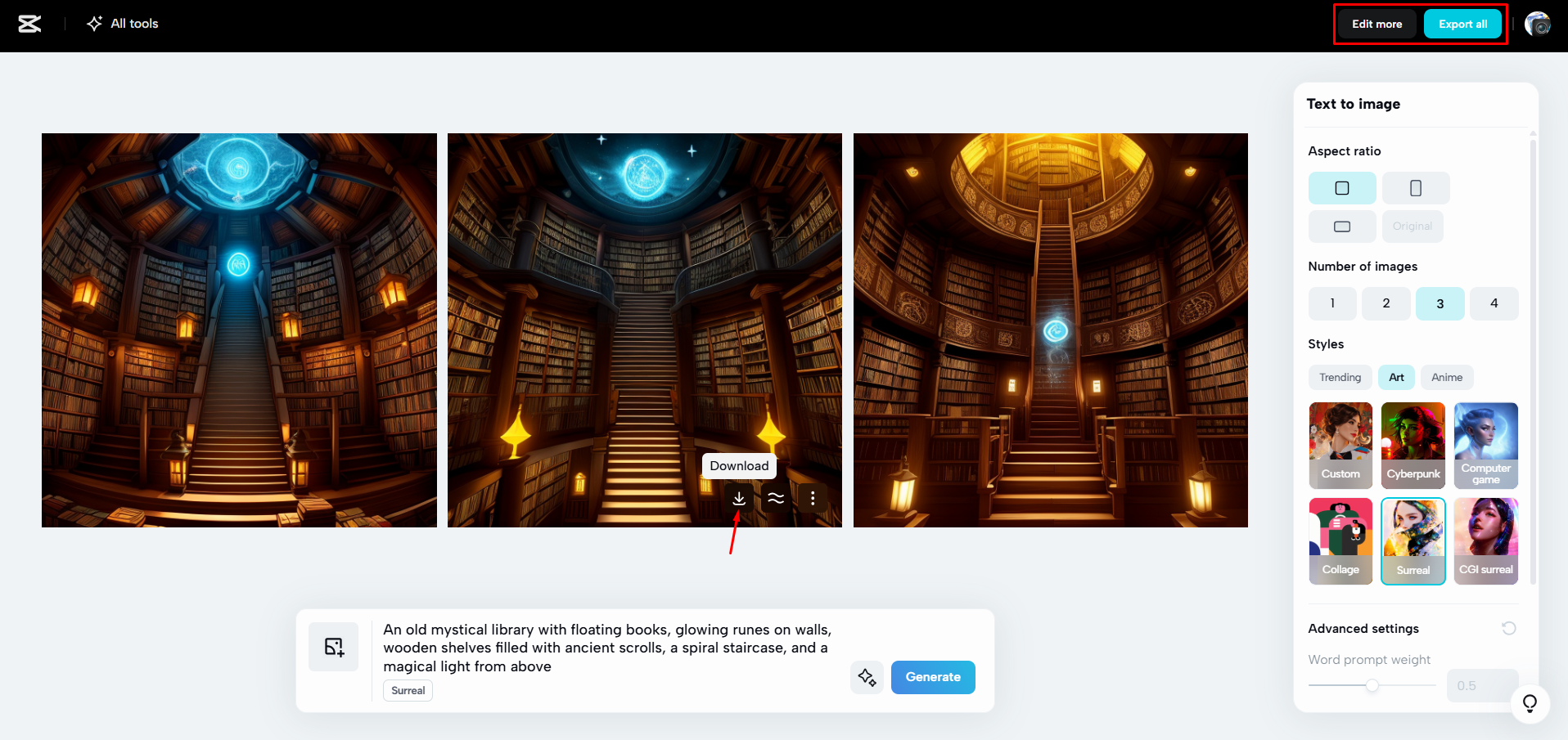 Downloading an image from CapCut Web