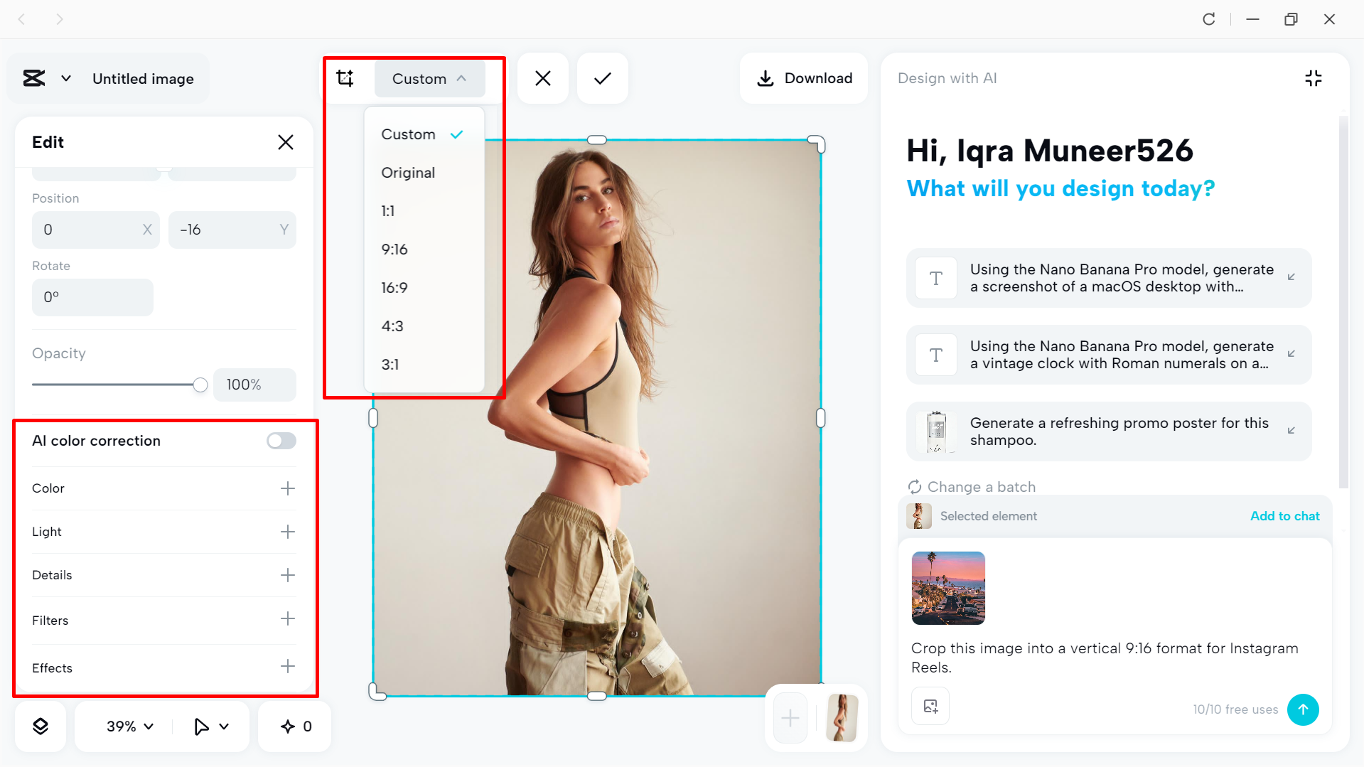 Resizing the image on the CapCut desktop video editor