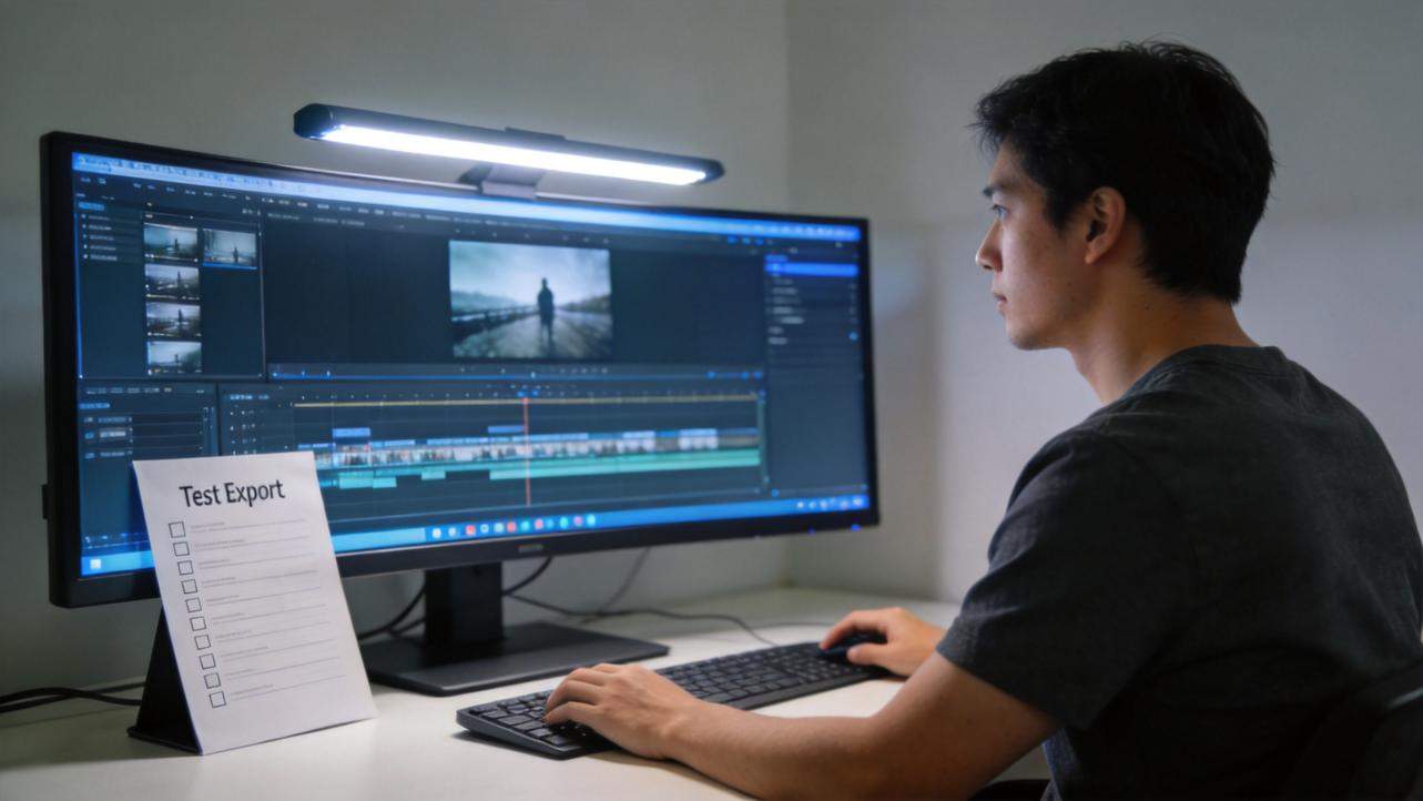 Video editor working on a timeline beside a test export checklist