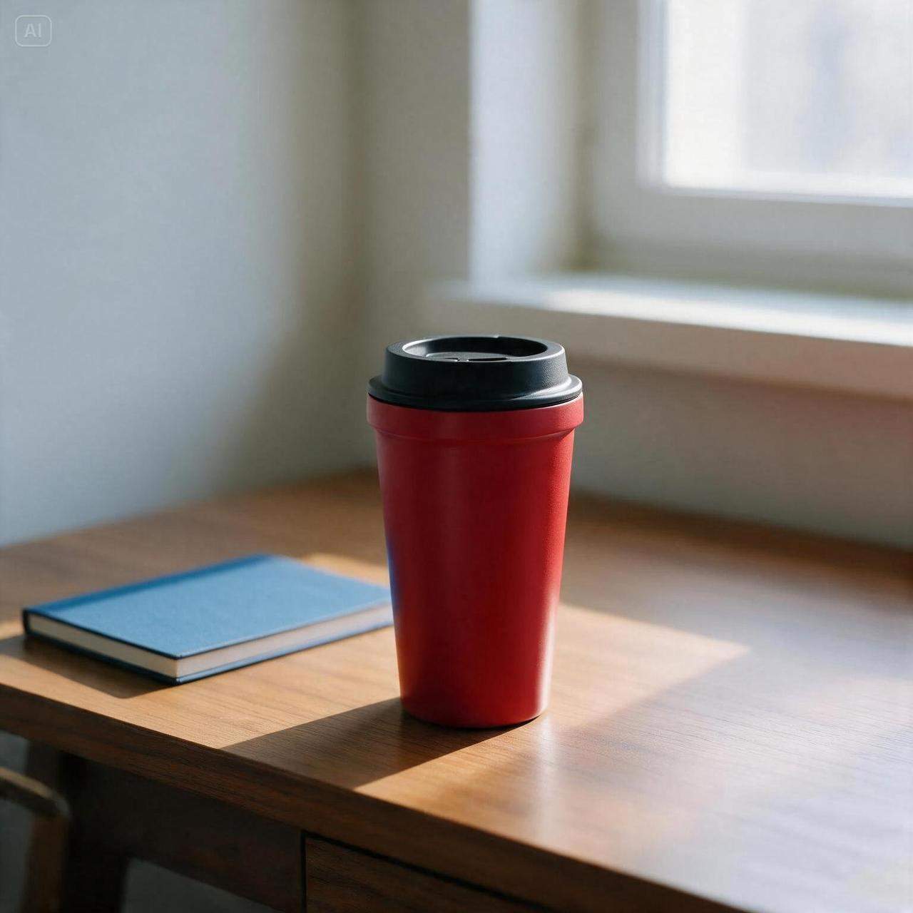 The red travel cup remains beside a blue notebook in the revised desk image, with a visible AI badge at upper left