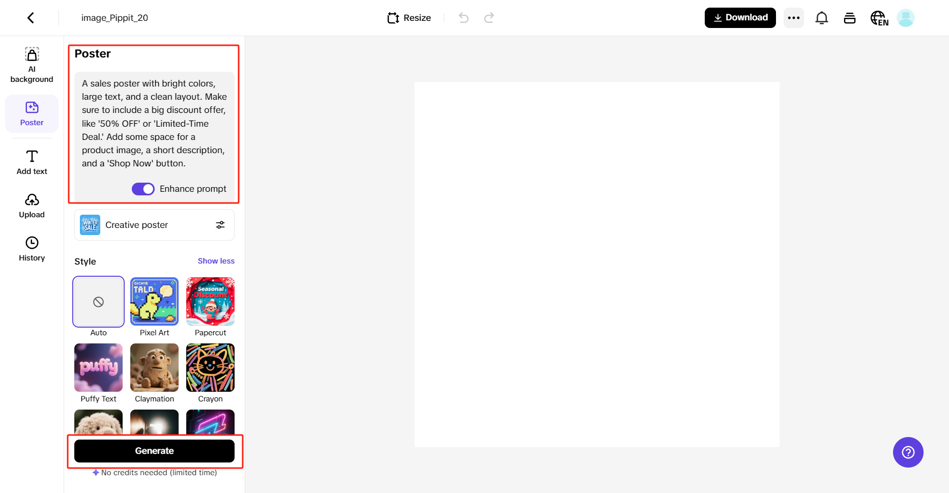 Customizing sales poster in Pippit