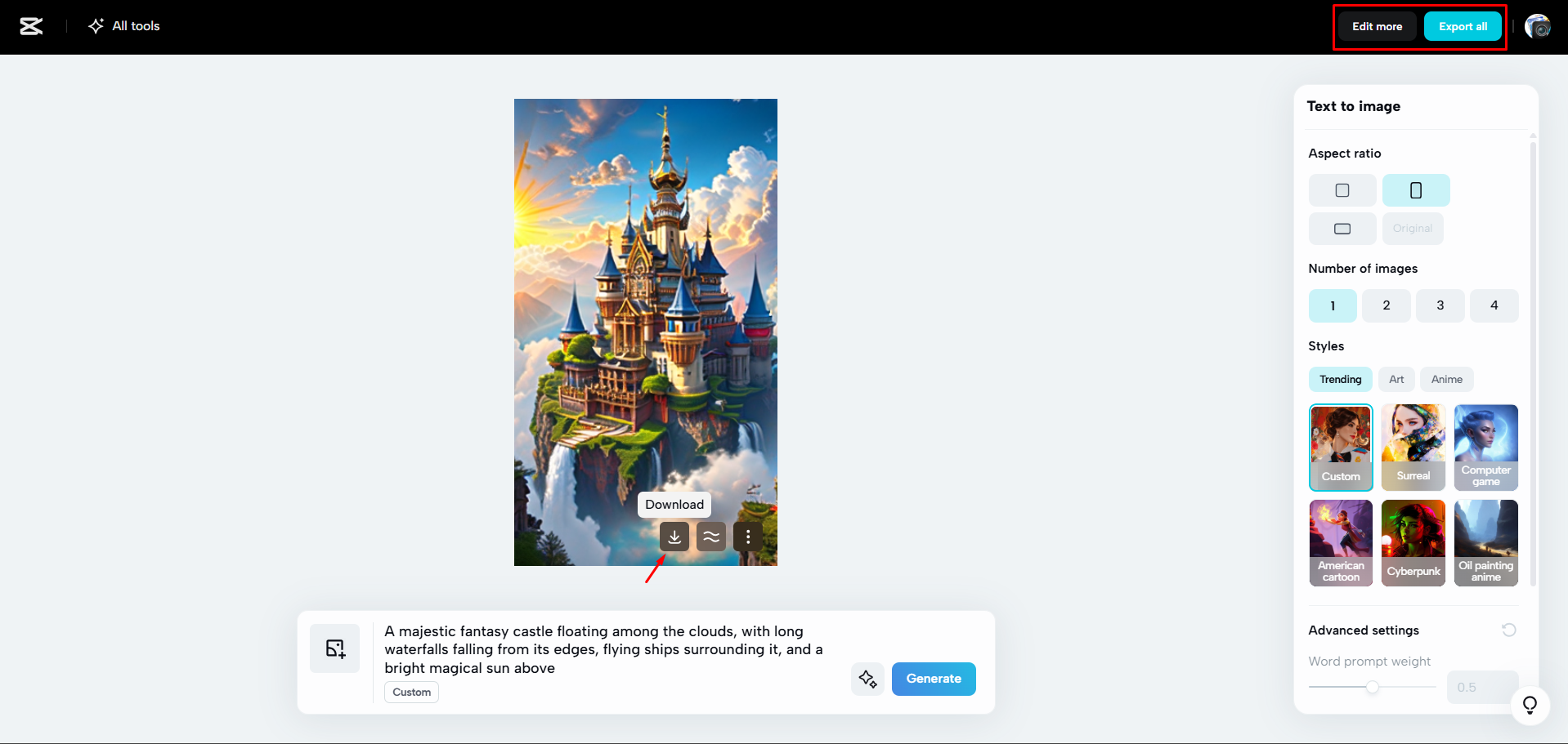 Downloading the AI generated images from CapCut Web