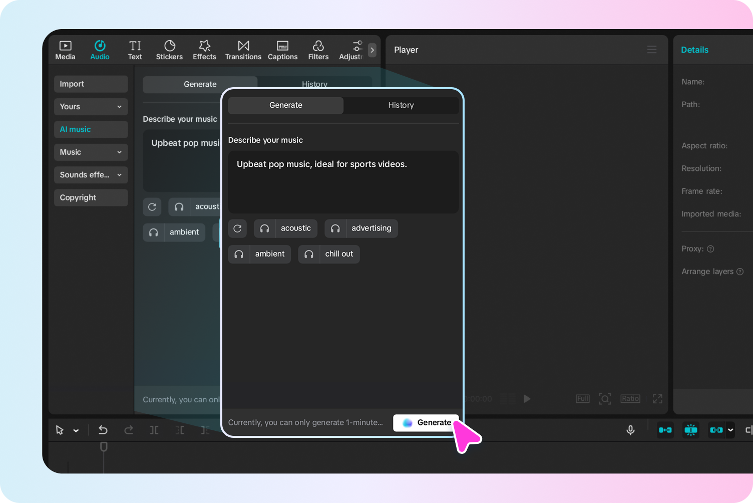  Open CapCut AI music generator and enter a prompt