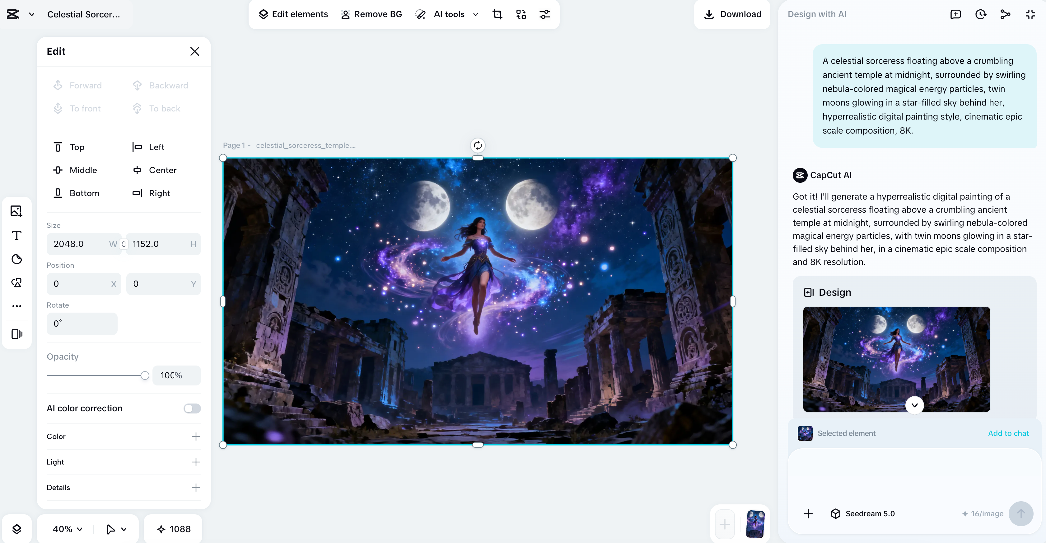 Example output — Prompt 01 in Seedream 5.0 (CapCut AI Design)