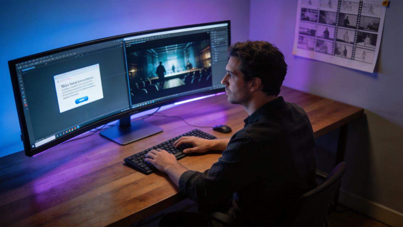 Man editing video on a dual-monitor desktop workstation